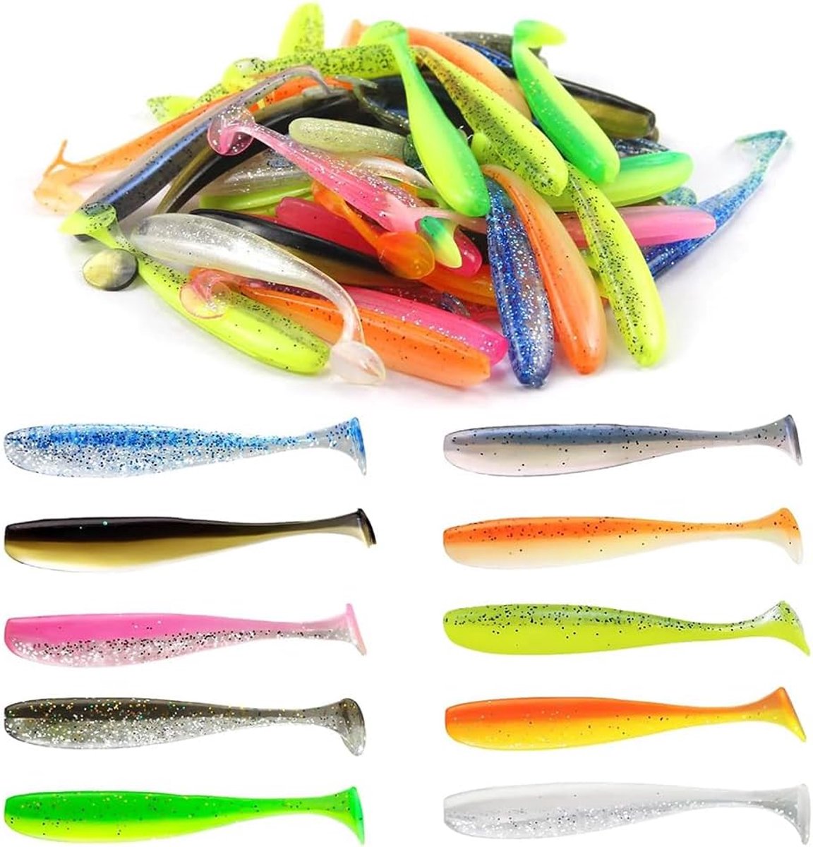 SnelShoppen - Pack van 50 Rubber Vissen voor Vissen, Kunstaas voor Snoekbaars, 7.5 cm, Reflecterende Sequins, 10 Kleuren voor Snoek, Baars, Forel