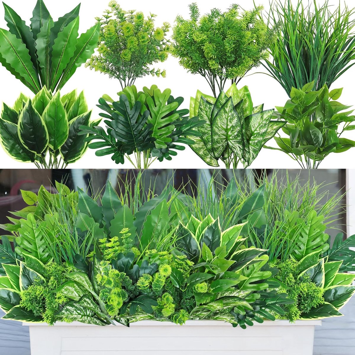 SnelShoppen - 18 Stuks Kunstplanten Buiten - Groene Struiken en Kruidachtige Decoratieve Planten voor Tuin, Patio, Veranda, en Raamdecoratie - UV Best