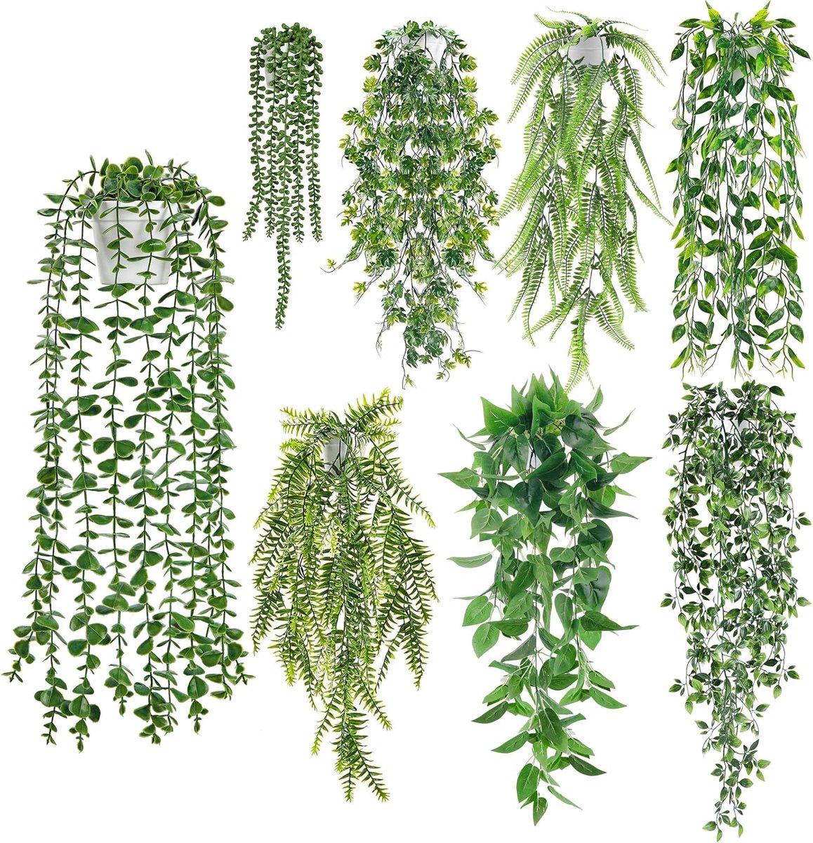 SnelShoppen - 8 Stuks Nepplanten Hangend Kunstplant Eucalyptus Klimplant Faux Ivy Vines voor Binnen Buiten Boho Decoratie met Witte Potten