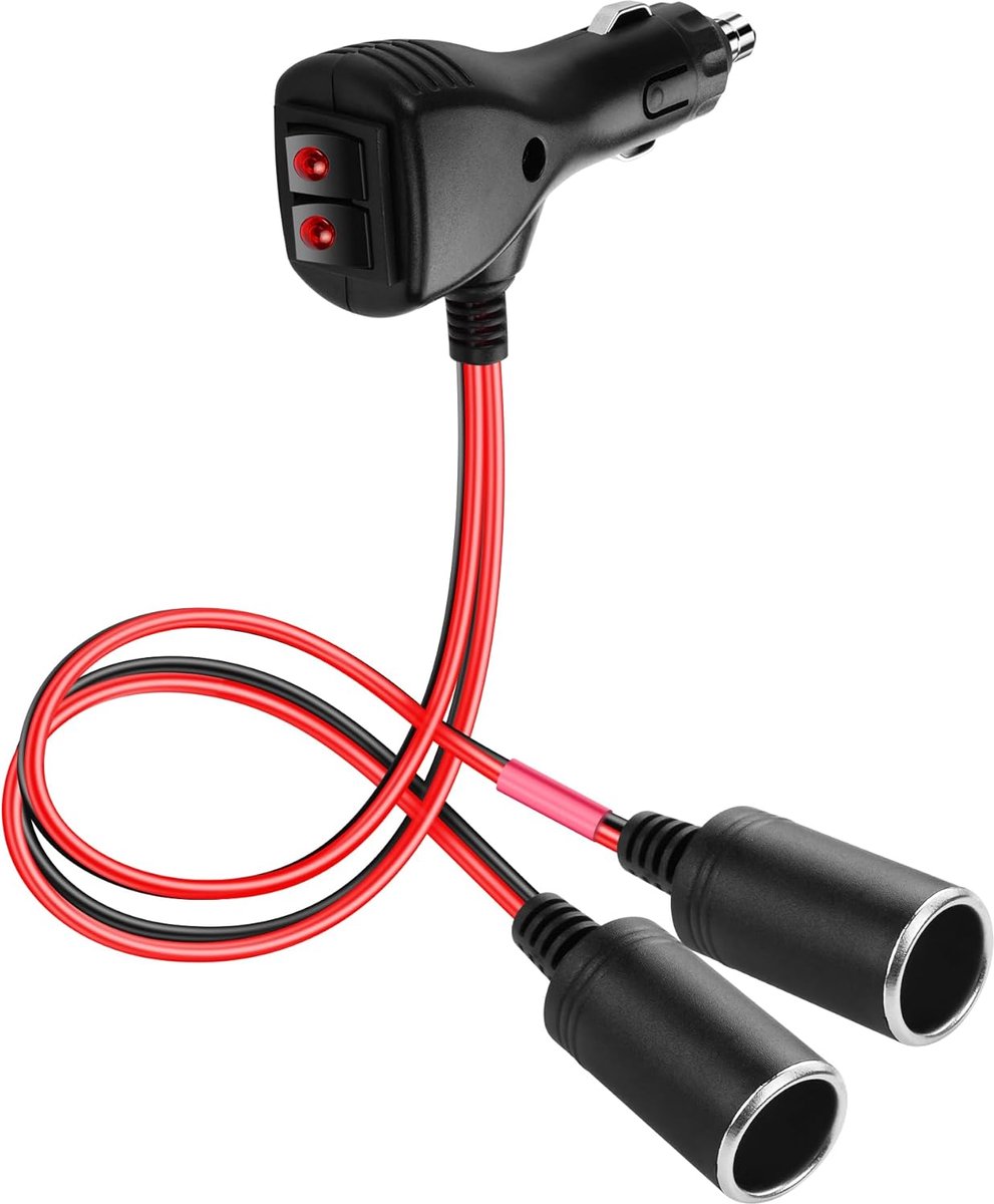 SnelShoppen - 12V Auto Sigarettenaansteker Splitter Adapter met 2 Onafhankelijke Schakelaars, 16AWG Y Splitter Kabel met 15A Fuse voor Meerdere Appara