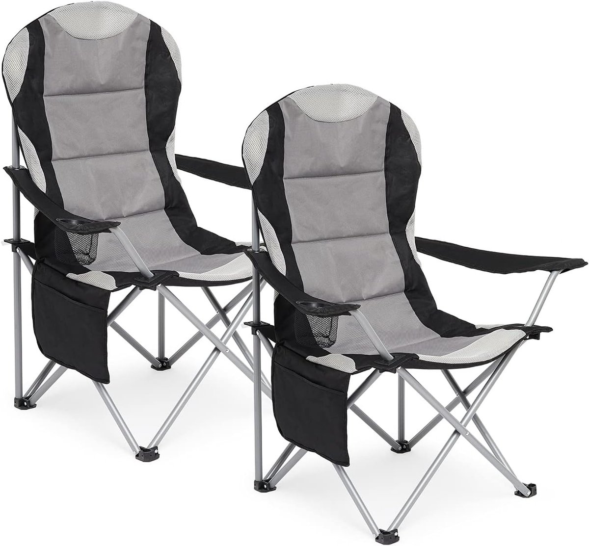 SnelShoppen - Campingstoelen Set van 2 - Hoge Rugleuning Opvouwbare Stoelen met Kussen, Bekerhouder en Zijzakken - Duurzaam Staal, Tot 120 kg, Donkerg