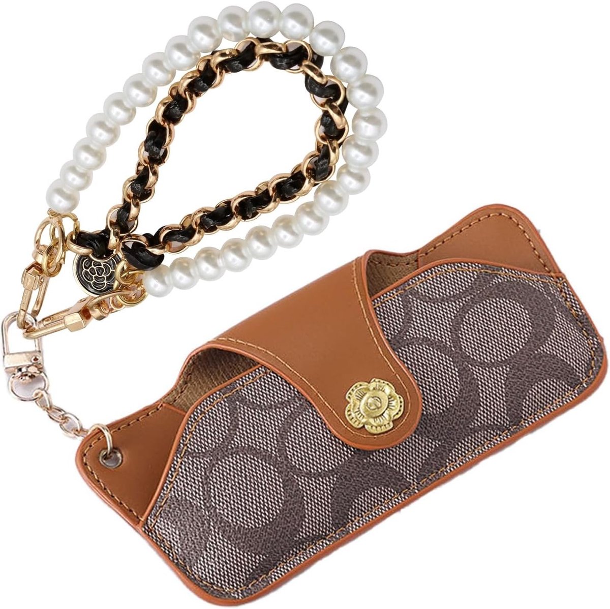 Elegante Zachte Leren Brilentas, Draagbare Ultra-Dunne Zonnebril Etui met Parelketting voor Vrouwen