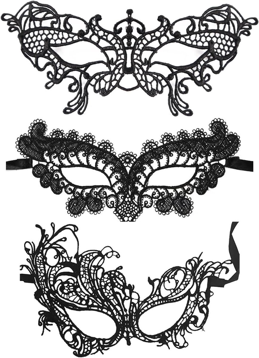 SnelShoppen - 3-delige Zwarte Carnavalsmasker Set, Sexy Kant Masker voor Vrouwen, Luxe Venetiaanse Maskers voor Halloween, Carnaval, Cosplay, Feestjes
