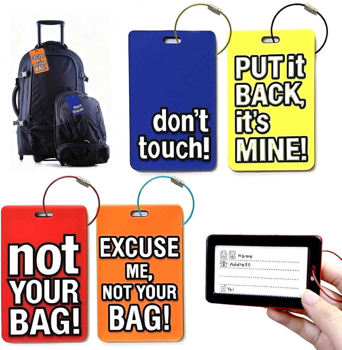 SnelShoppen - 4 Stuks Gepersonaliseerde Kofferlabels - Kleurrijke Siliconen Bagagelabels met ID Kaart - Duurzame Reisaccessoires voor Bagage