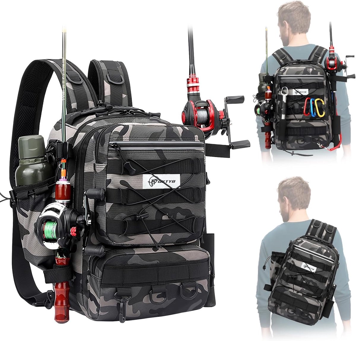 SnelShoppen - Grote Vissersrugzak met Hengelhouder, Waterdichte Rits Rugzak, 35L Robuust Oxford Stof, Multi-Pockets Reistassen voor Vissen, Jagen, Rei