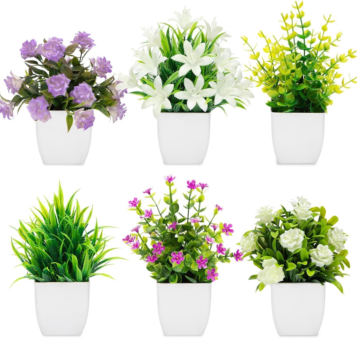 SnelShoppen - Indoor Kunstplanten 6-Pack - Kleine Nepplanten in Pot met Bloemen - Decoratieve Desk Planten voor Thuis, Kantoor en Planken - Perfect vo