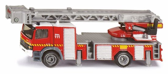 Rode Siku brandweerwagen met zilveren ladder, witte cabine, gele accenten en "DIAL 111" tekst.