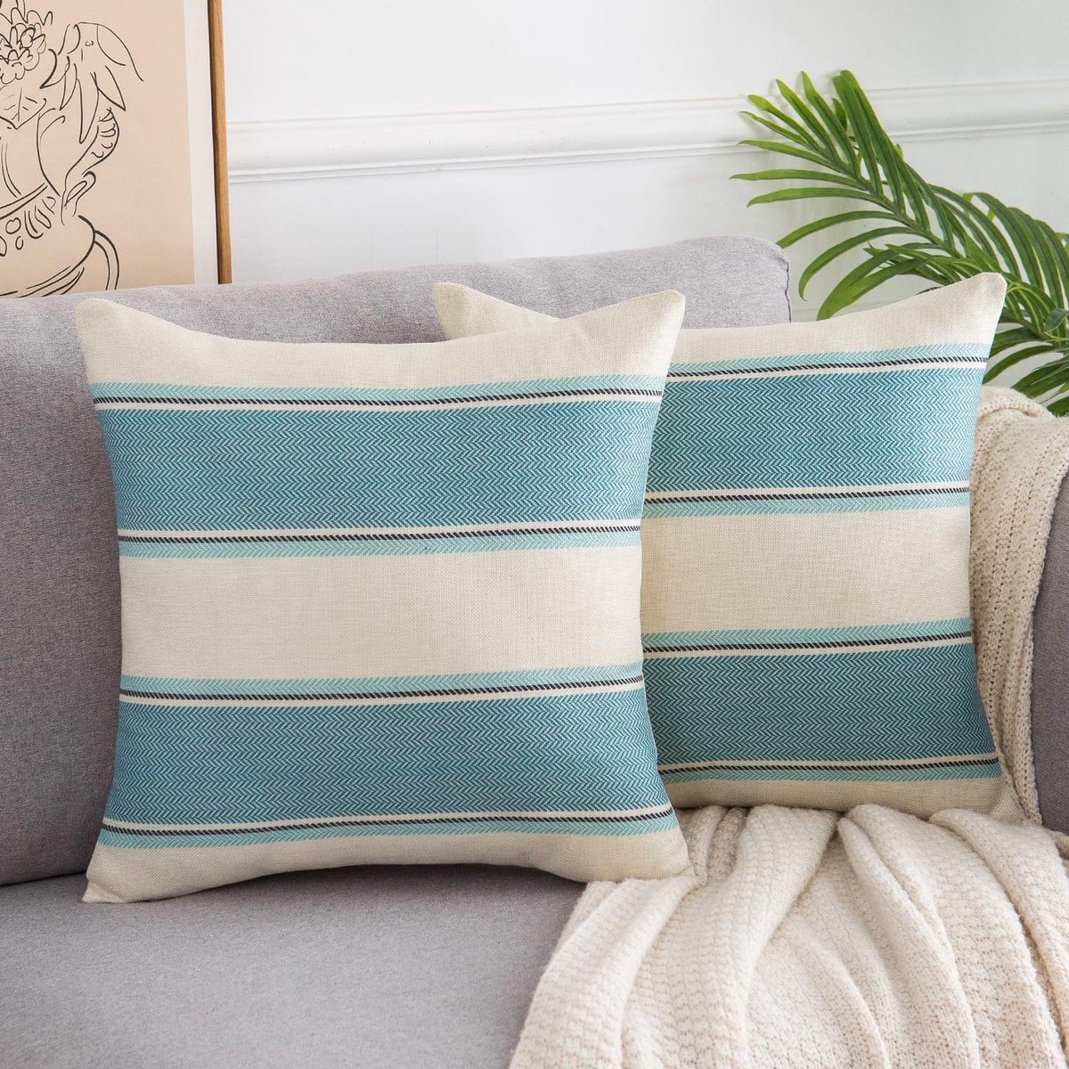 SnelShoppen - Decoratieve Kussenhoezen Set van 2, Katoen en Linnen, 50x50 cm, Waterblauw met Strepen, Modern voor Sofa en Slaapkamer