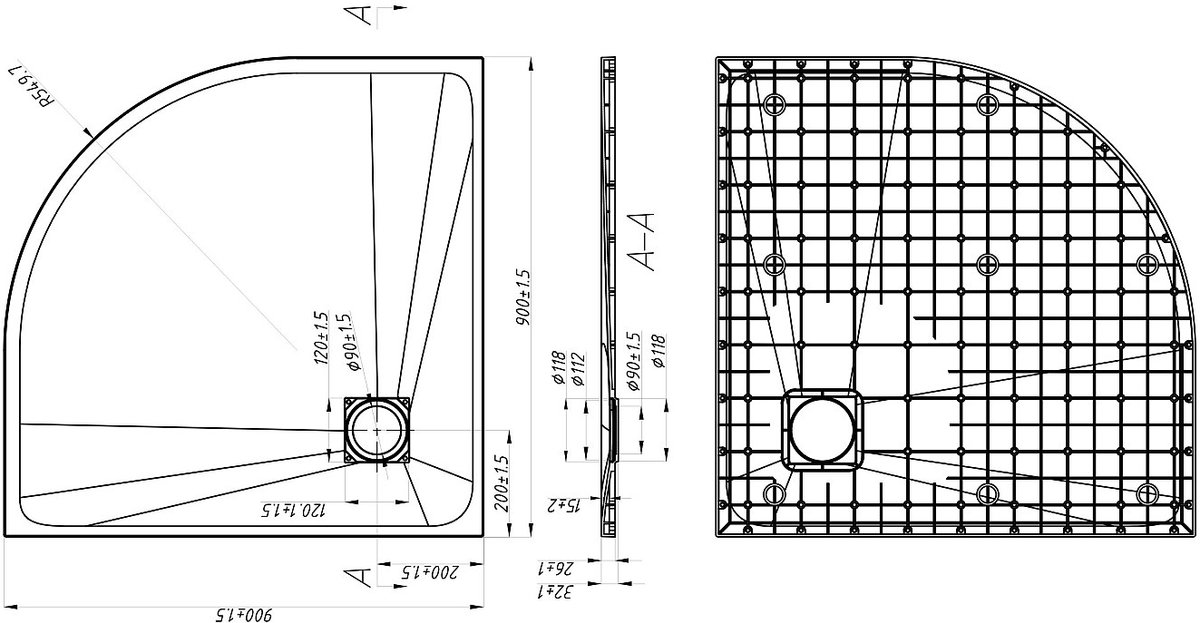 Vente-unique Extra platte opzet- of inbouwdouchebak, uitsnijdbaar in SMC-hars in een kwart cirkel - Wit - 90 x 90 cm - SYFORSA