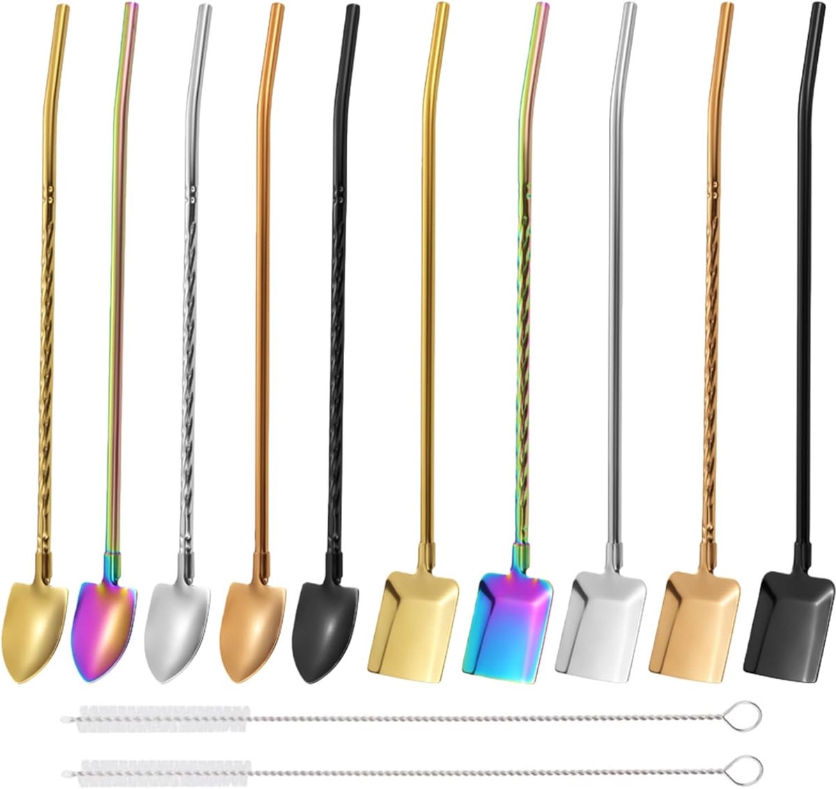 SnelShoppen - 10 Stuks RVS Herbruikbare Cocktail Lepel Rietjes met Puntige en Vierkante Lepelkop, Ideaal voor Slush, Smoothies, Latte Macchiato, Inclu