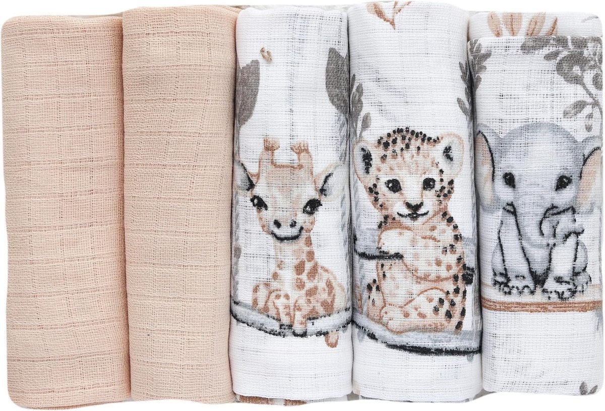 SnelShoppen - Set van 5 Bovenste Doekjes voor Baby's - 70 x 80 cm - Katoenen Luiers voor Jongens en Meisjes - Beige Olifant - Ademend en Zacht voor Ge