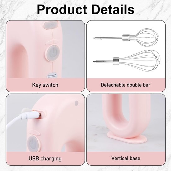 SnelShoppen - Draadloze Handmixer Elektrisch - 4 Snelheden Verstelbaar RVS - Met 2 Kloppers - Oplaadbare USB Batterij - Handmixer voor Keuken en Bakke van Snelshoppen — afbeelding 4