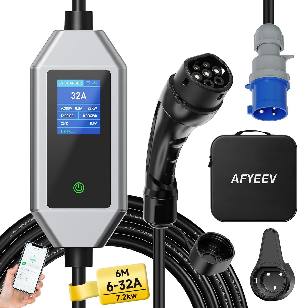 SnelShoppen - Type 2 Oplaadkabel CEE Stekker 7.2 KW, 1-Fase 6 m, 6-32 A, Schuko Verstelbare Stroom met App Controle voor Elektrische Auto Thuis en Ond