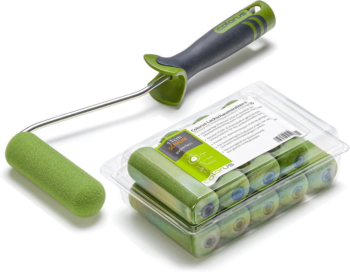Thijox - 10 x Colorus verfroller superfijn PLUS - Verfroller 11 cm rond - Schuimroller voor watergedragen en licht oplosmiddelhoudende lak - Compleet
