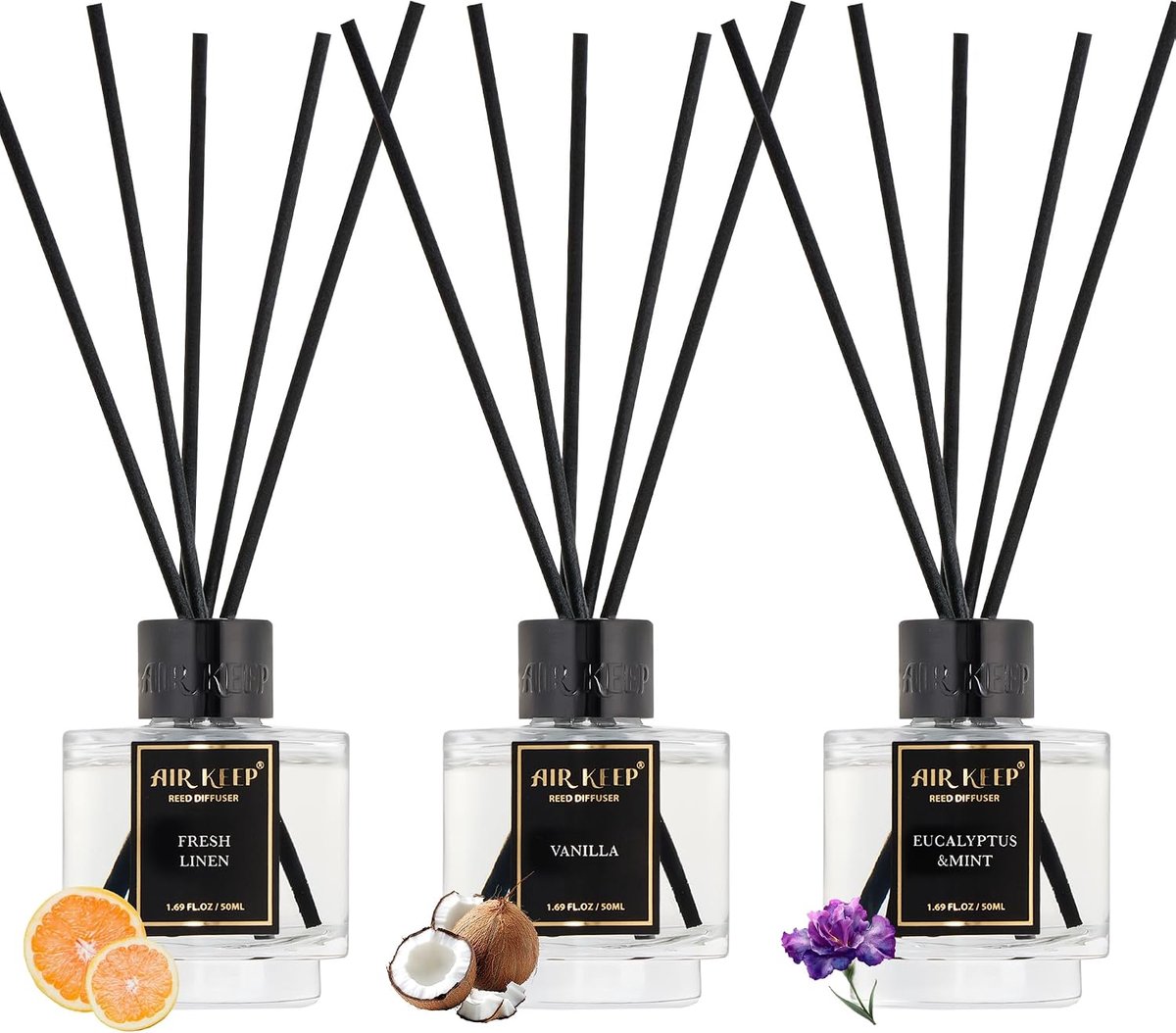 SnelShoppen - Geurstokjes set 50ml x3 - Fresh Linen, Vanilla, Eucalyptus Mint - Luxe diffuser met 24 stokjes - Langdurige geurverspreiding voor huisde