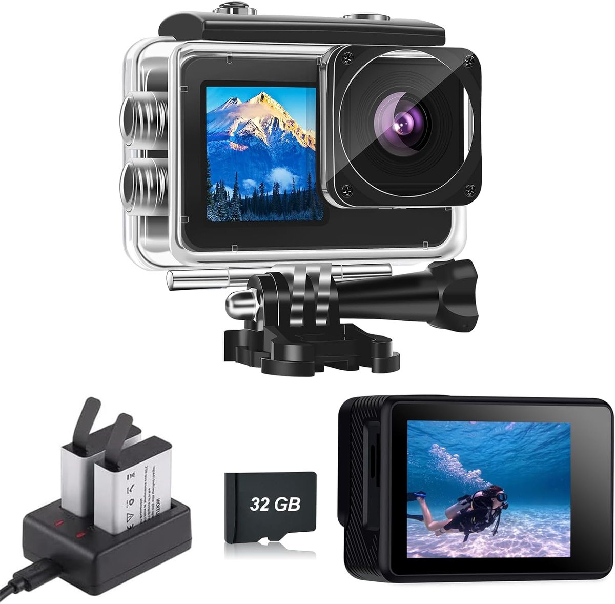SnelShoppen - Dual Screen Action Camera 1080P met 32GB Geheugen, Waterproof, 4x Zoom, Ideaal voor Kinderen en Beginners, Perfect voor Feest, Camping e