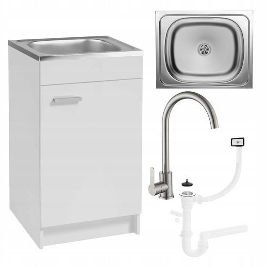 Meuble de cuisine blanc avec évier en inox, robinet et bonde.