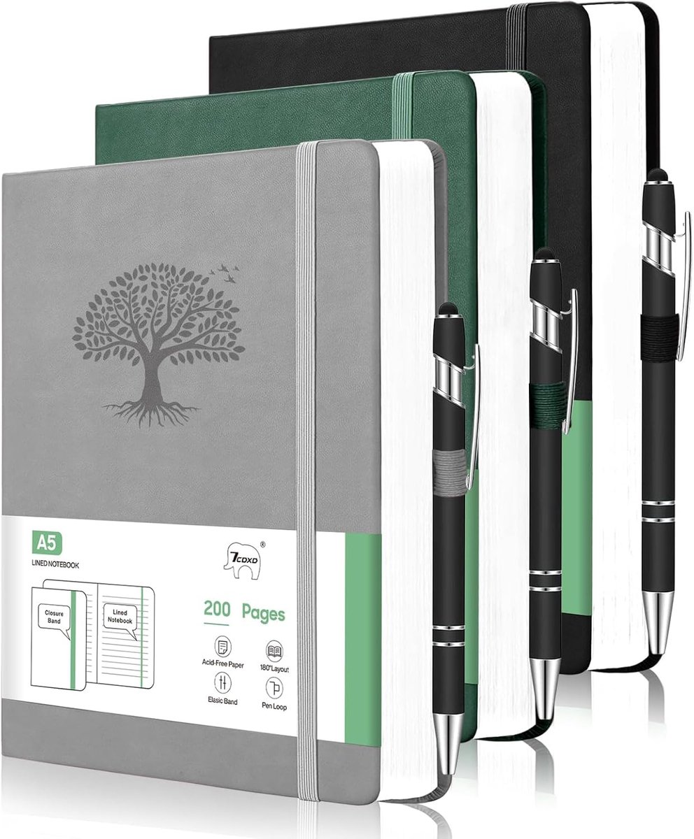 SnelShoppen - Set van 3 Gelinieerde Notitieboeken A5 Harde Kaft Kunstleer 200 Pagina's 100 g/m² 15x21 cm Perfect voor Kantoor School Werk Dames en Her