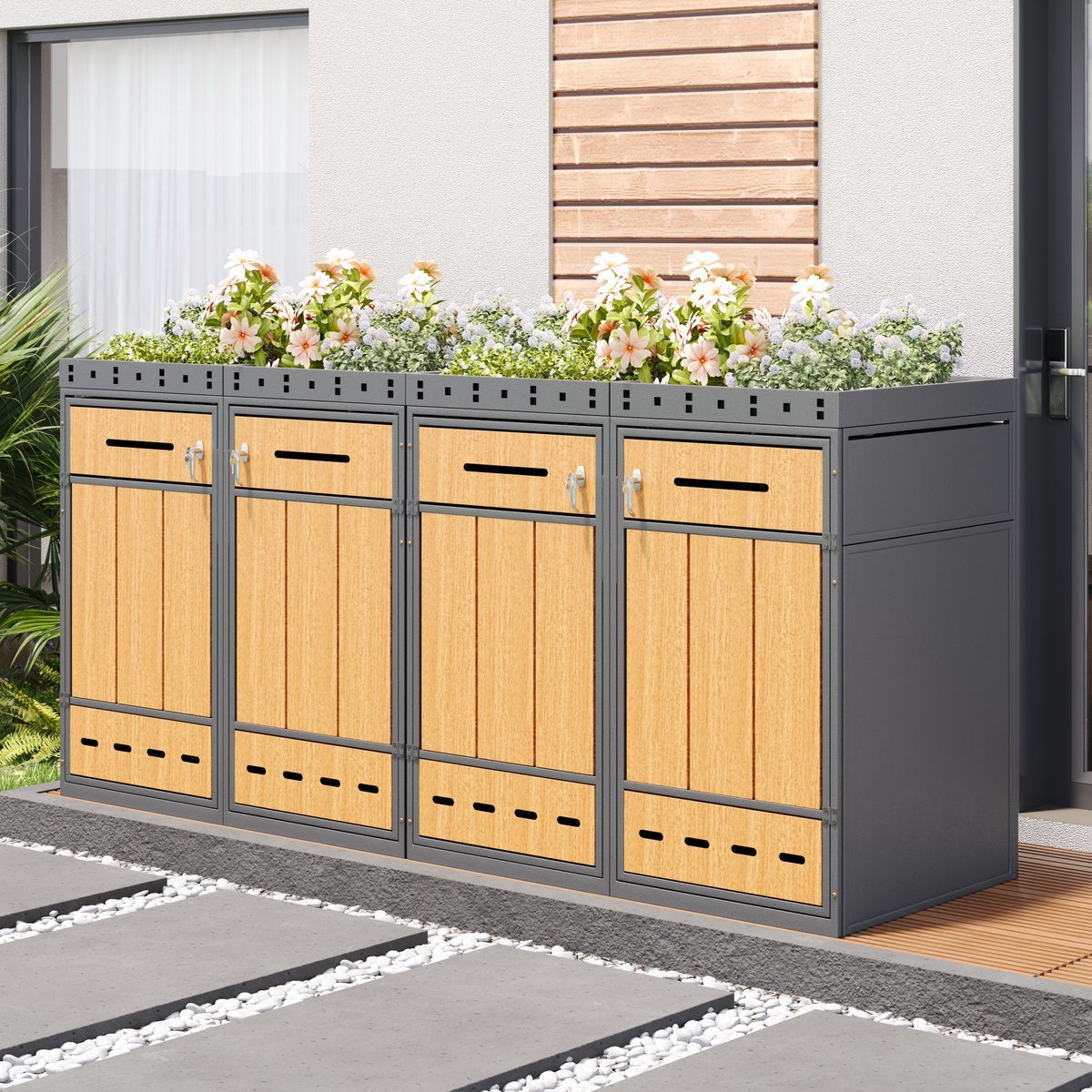 FloraGrace Containerberging – 4-Vaks Voor 120-240 Liter – Metaal Met Houtlook – Grijs – Met Plantdak En Afsluitbare Deuren Voor Buiten