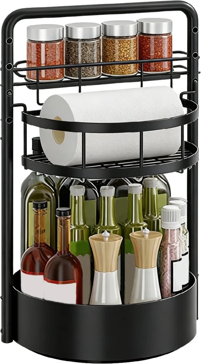 Noventra - Kruidenrek - Draaibaar - Keuken Organizer - Aanrecht Organizer - 2 Laags - Keukenrek - Kruiden Organizer - Met Papierrolhouder - Zwart