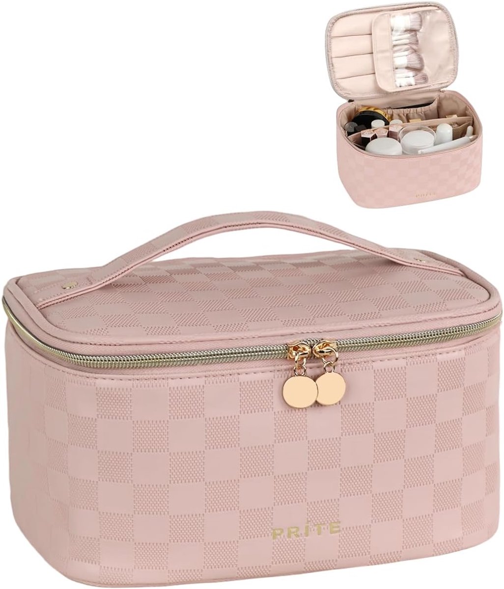 SnelShoppen - Grote Capaciteit Makeup Tas, Draagbare Cosmetica Organizer voor Vrouwen, Waterdicht en Met Handvat, Vegan Leer, Ideaal voor Reizen en Th