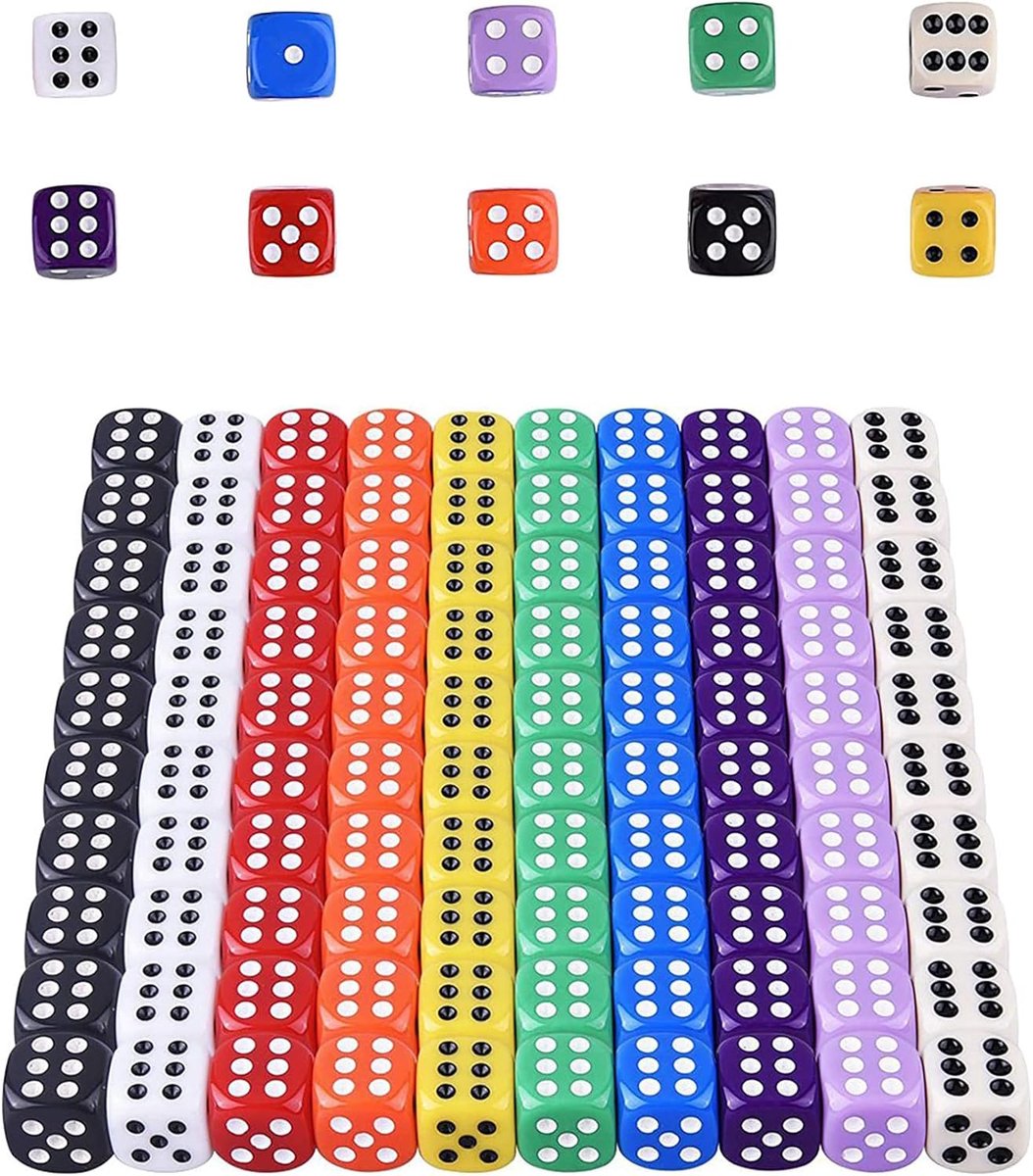 SnelShoppen - 100-Piece 6-Zijdige Dobbelstenen Set, 16mm, Multicolor, Acryl, Ideaal voor Spellen, Feesten, Kids, Creatieve Activiteiten