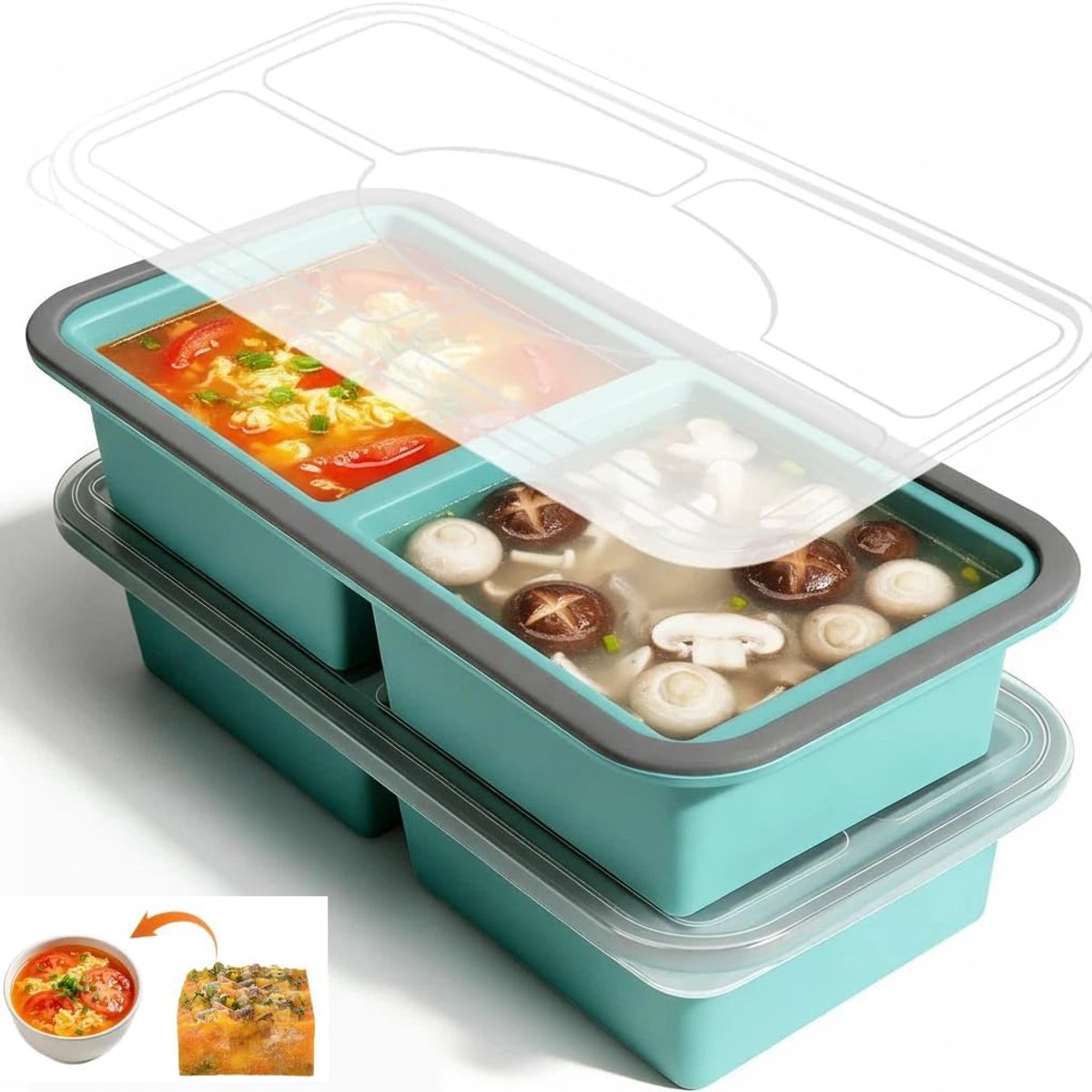 SnelShoppen - Set van 2 Siliconen Vriesvormen 250ml/500ml met Deksel - Ideaal voor Soep, Bouillon, 2 Compartimenten - Stapelbare Vriescontainers voor
