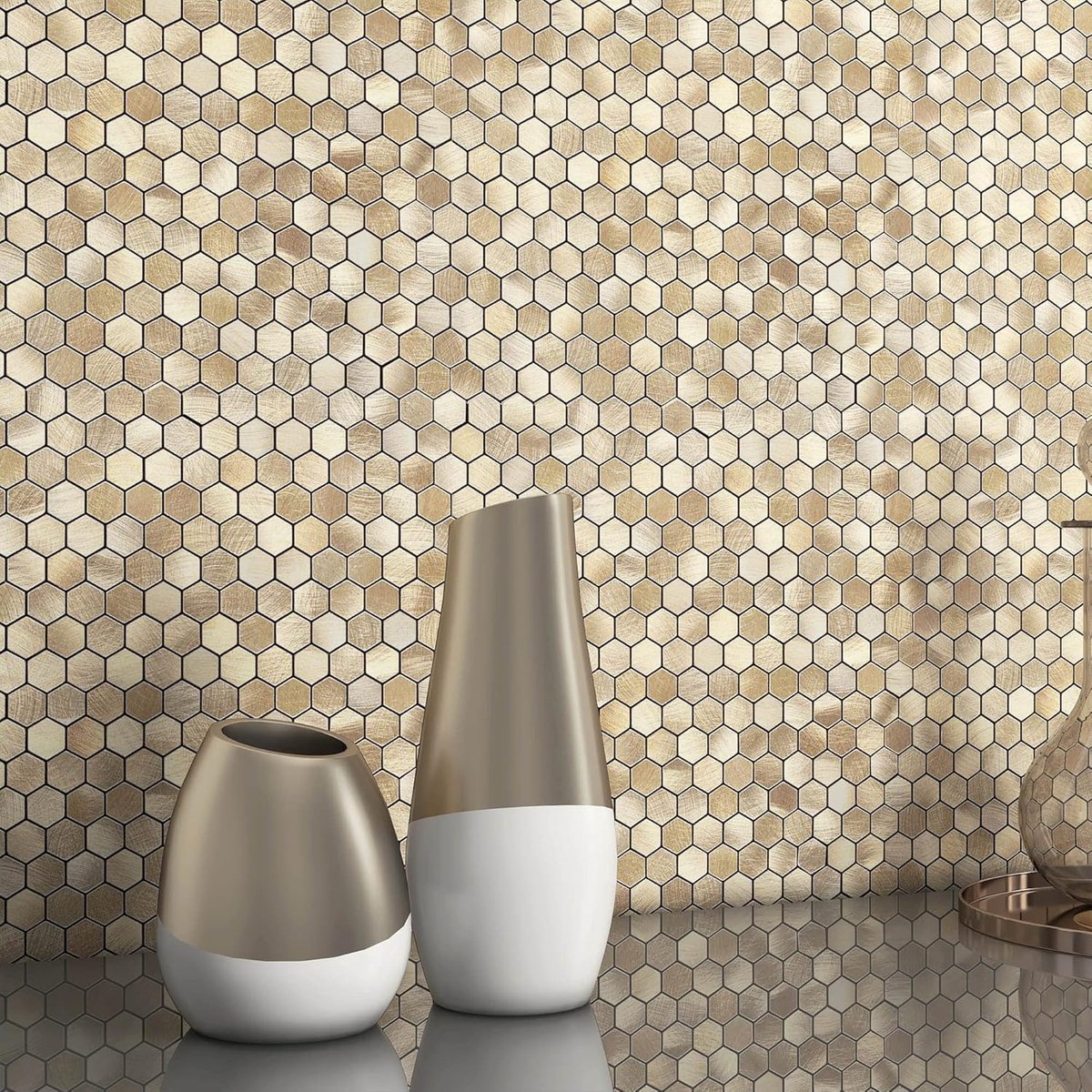 SnelShoppen - Stick on Mosaic Tiles Keuken Backsplash Stickers - Aluminium Hexagon Tegels - 10 Vellen Goud - Zelfklevend en Hittebestendig voor Keuken