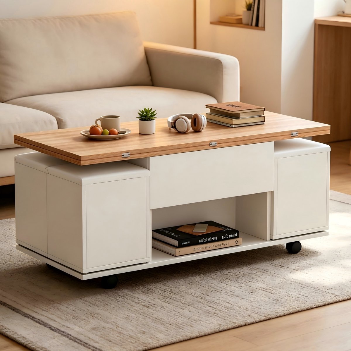 HAUSS SPOLE Salontafel - Hoogte Verstelbaar Met Opbergruimte En 4 Krukken - Voor Woonkamer - Spaanplaat - 100x100x63,5 Cm - Wit Naturel
