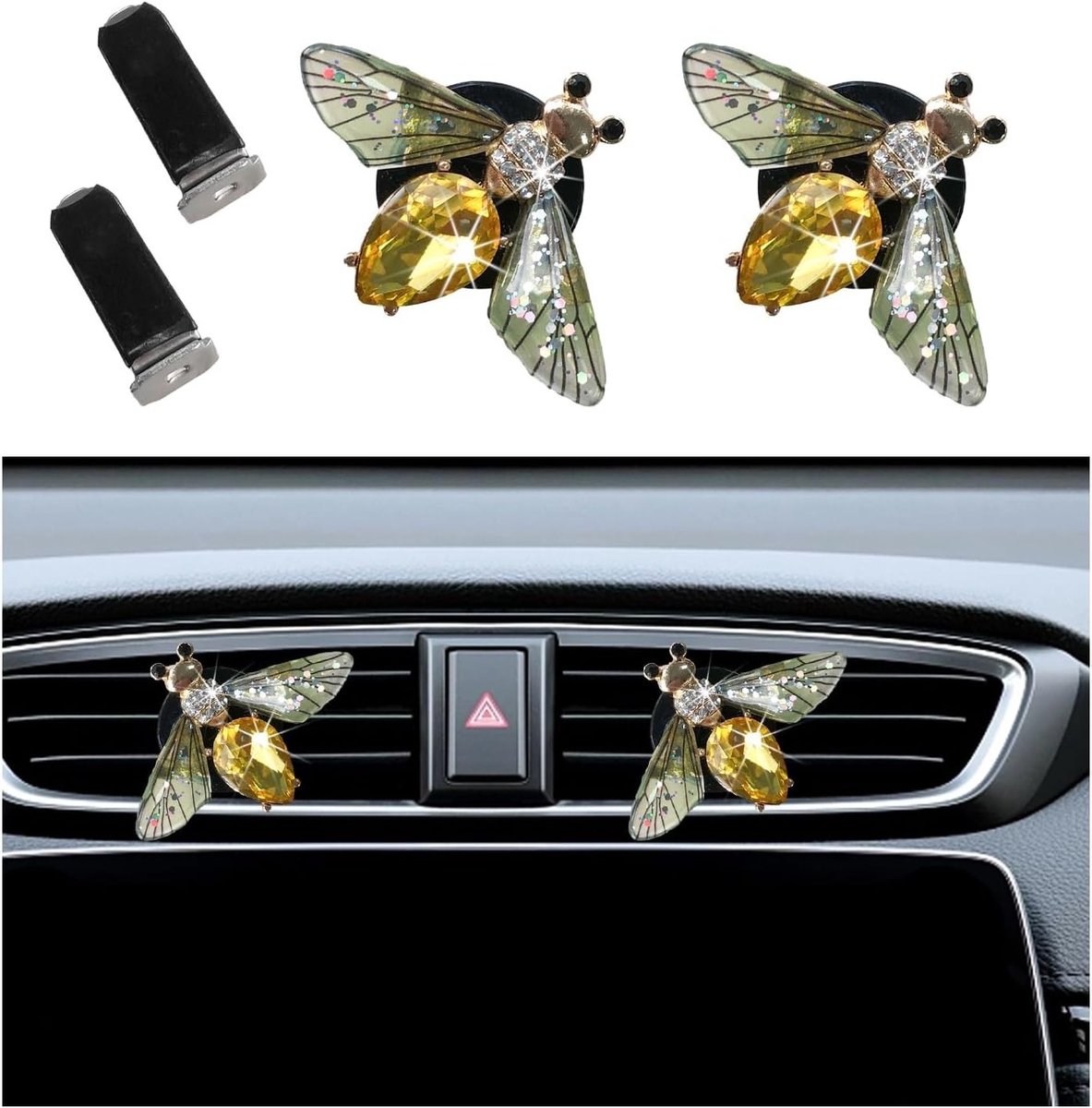 Schattige Crystal Auto Luchtverfrissers Vent Clips - 2 Stuks Bling Bij Ontwerp, Rhinestone Geurverspreider voor Auto Interieur Decoratie en Accessoires voor Vrouwen en Meisjes (Groen)