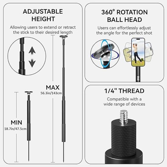 Thijox - Golf-monopod, verstelbare golf-swing mobiele telefoonhouder, magnetische selfiestick met spike-houder, ideaal voor golfen en buitenactiviteit van thijox — afbeelding 3