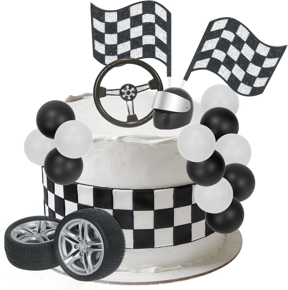 SnelShoppen - Cake Decoratie Auto Set - 16 Stuks Cake Decoratie Ballen, Racing Car Helm, Stuurwiel, Wielen, Vlaggen voor Verjaardag, Baby Shower, Fees