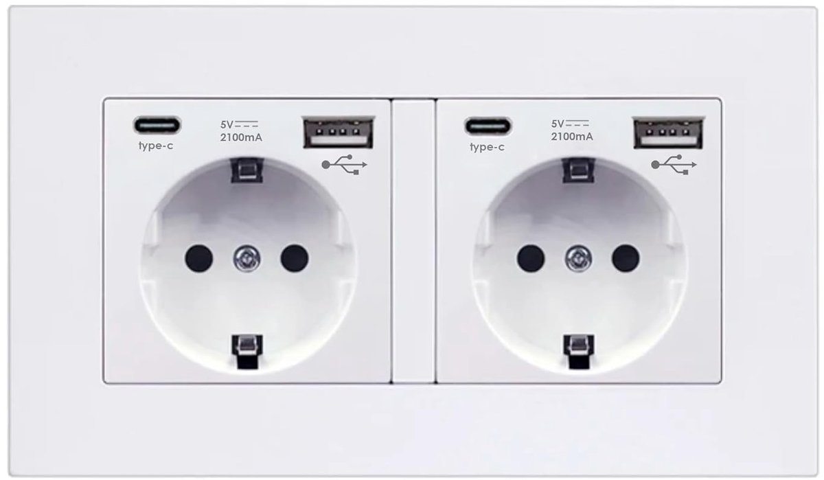 SnelShoppen - Dubbele Wandcontactdoos met 2 USB-C en 2 USB-A Poorten, 5V 2100mA, Snelladen, Europees, Ideaal voor Thuis, Keuken, Smartphone, Tablet