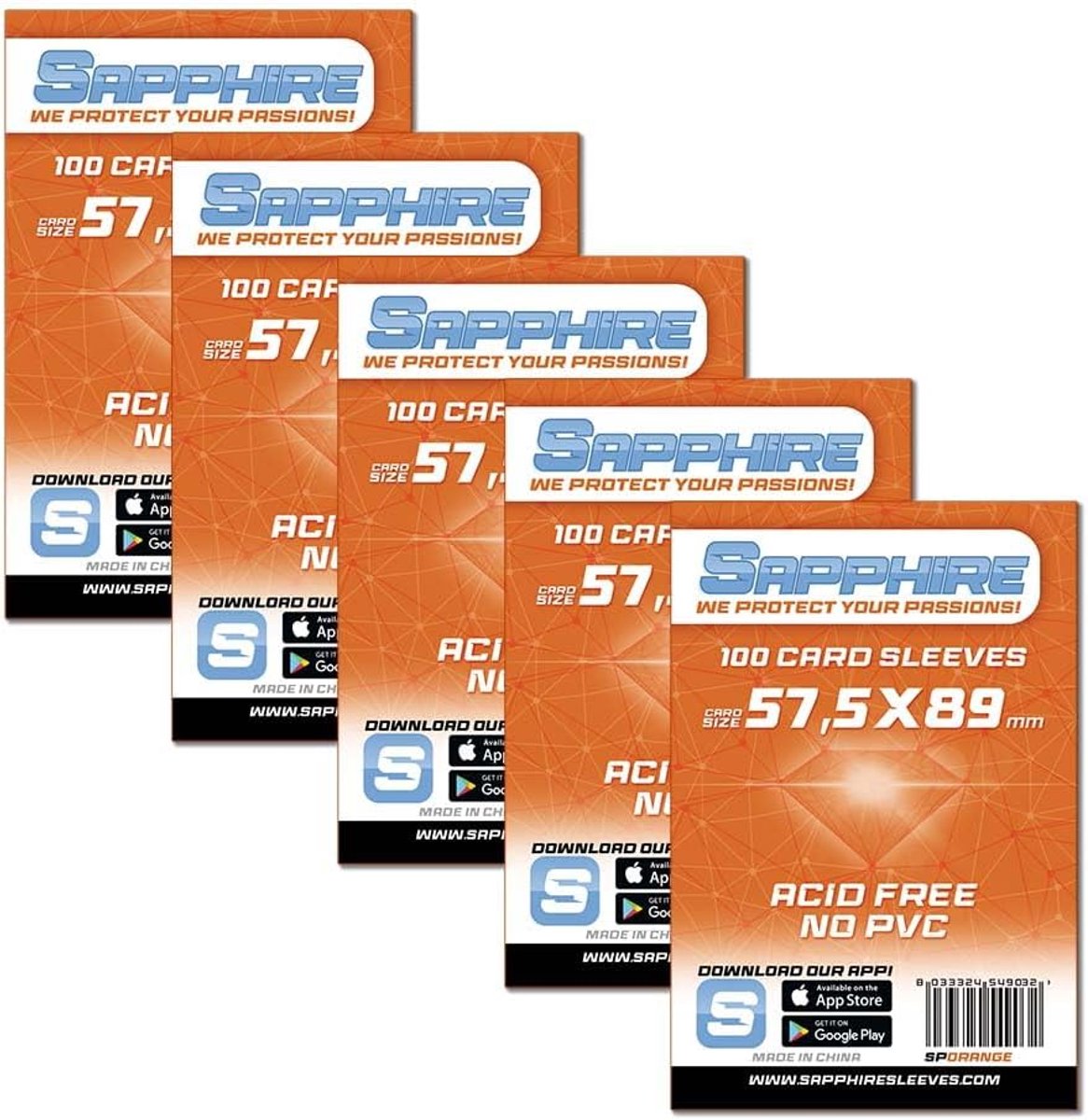 SnelShoppen - 5x100 Stuks Transparante Beschermhoezen voor Uno Kaarten 57,5x89mm - Acid Free, 60 Micron Dikte, Oranje - Perfect voor Spellen en Hobby'