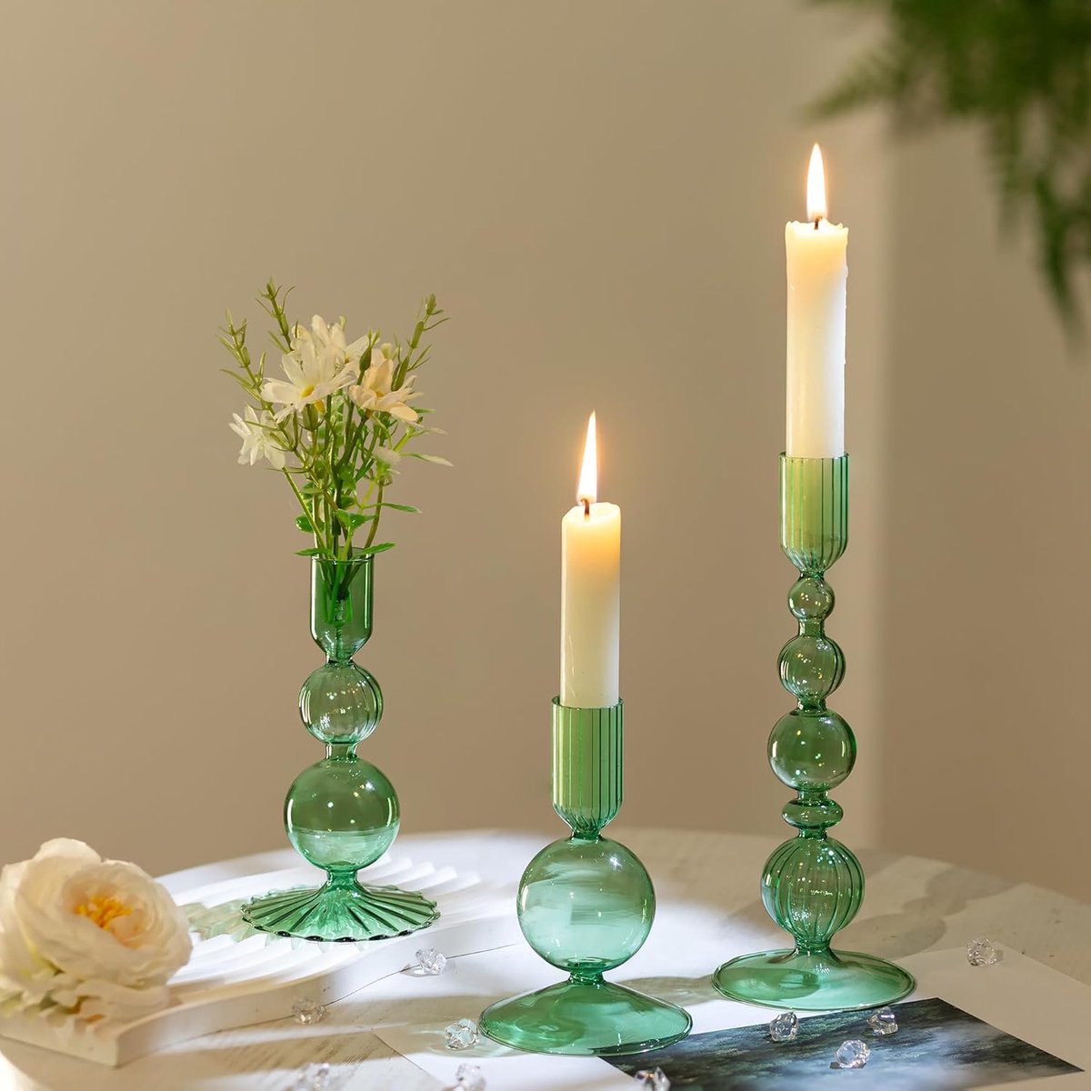 SnelShoppen - Set van 3 Vintage Groene Glazen Kaarsenhouders - Kleurige Stripes voor Tafeldecoratie, Perfect voor Feesten, Bruiloften en Woonkamers