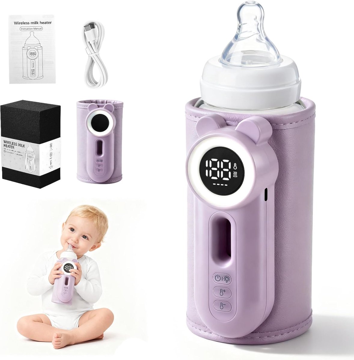 SnelShoppen - Portable Baby Flessenwarmer met LED-Display - Snelle Verwarming en 48 Uur Warm - 11 Instelbare Temperatuur - Draagbare Flessenwarmer voo