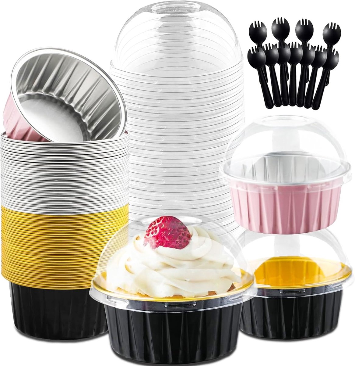 SnelShoppen - Mini Broodcakevormpjes 60 Stuks 150 ml met Deksels en Lepels Ronde Aluminiumfolie Bakpannen Zwart en Roze voor Bruiloft Verjaardag Pickn