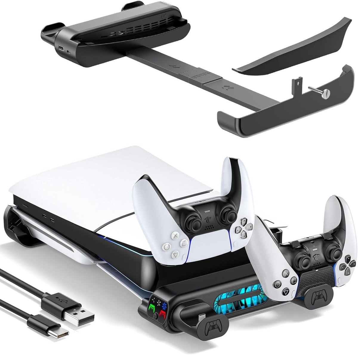 SnelShoppen - PS5 Slim/Pro Horizontale Houder met Koeler en Oplaadstation - PS5 Stand voor Disc & Digitale Console - Perfecte Accessoire voor PS5 Slim