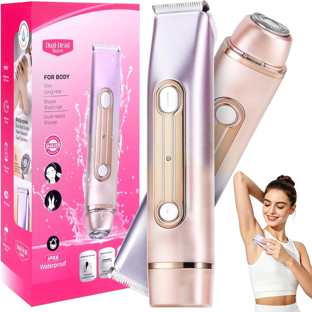 SnelShoppen - 2-in-1 Dames Scheerapparaat, Elektrisch Intiem Scheerapparaat, IPX6 Waterdicht, Oplaadbaar, Voor Onderarmen, Lichaam, Gezicht, Zacht en