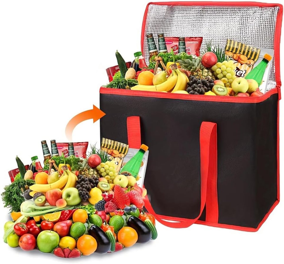 SnelShoppen - Cooler Bag Vouwbaar Grote 35L Koeltas - Koelbox voor Auto, Picknick, Lunch - Zwart Rood, Ruim, Isolerend, Ideaal voor Gezinnen