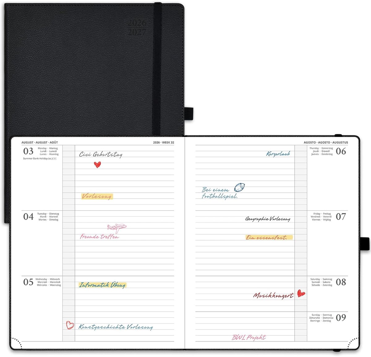 SnelShoppen - POPRUN 2026 2027 Kalender - Horizontale Wochenplaner - 17-Maanden Organizer - K7 Terminkalender - PU Leer - A5 Formaat - Zwart - School