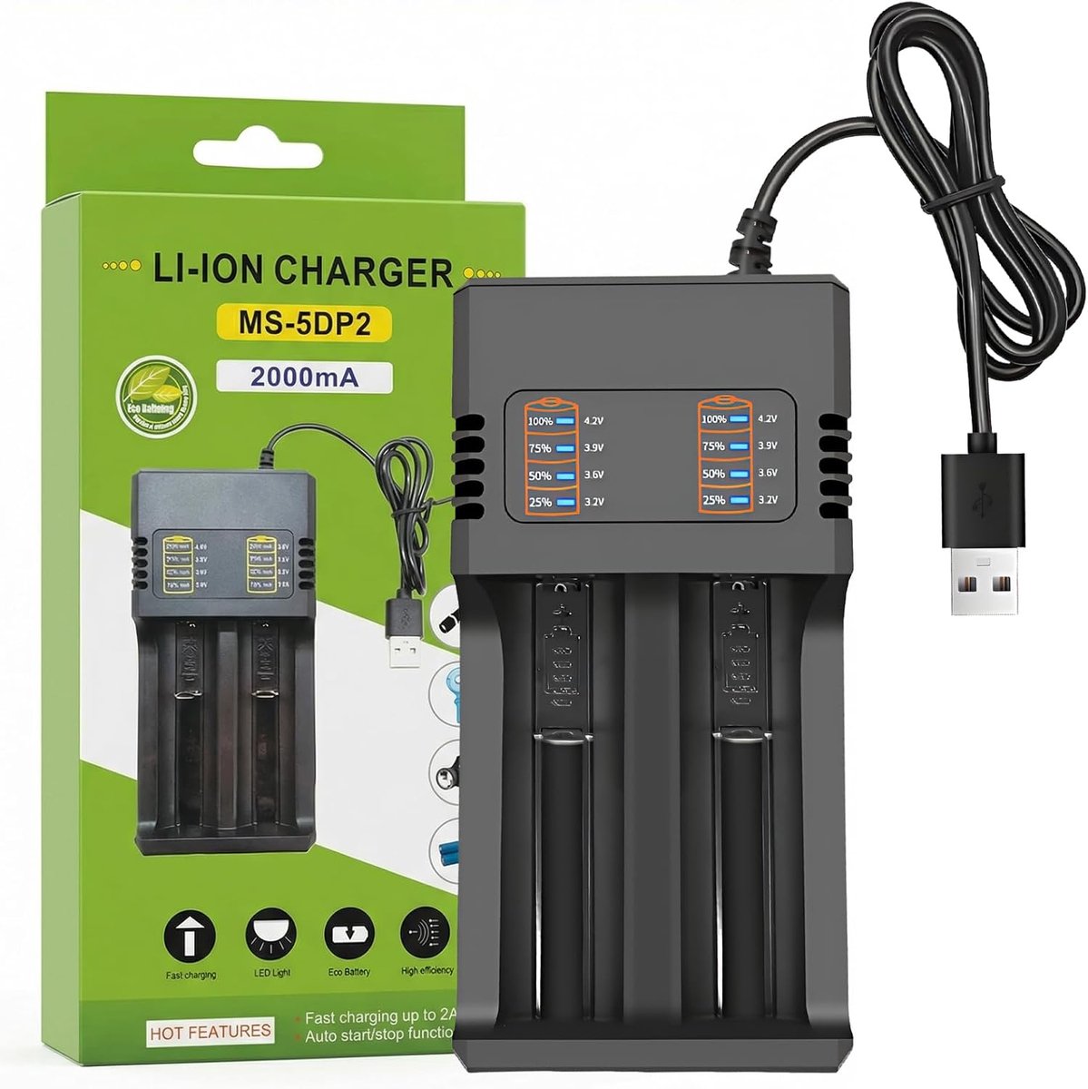 SnelShoppen - Li-Ion Batterij Oplader 18650 26650 21700 18490 16340 14500 10440, 2 Slots Oplader met USB Kabel en LCD Display voor 3.7V Batterijen, Co