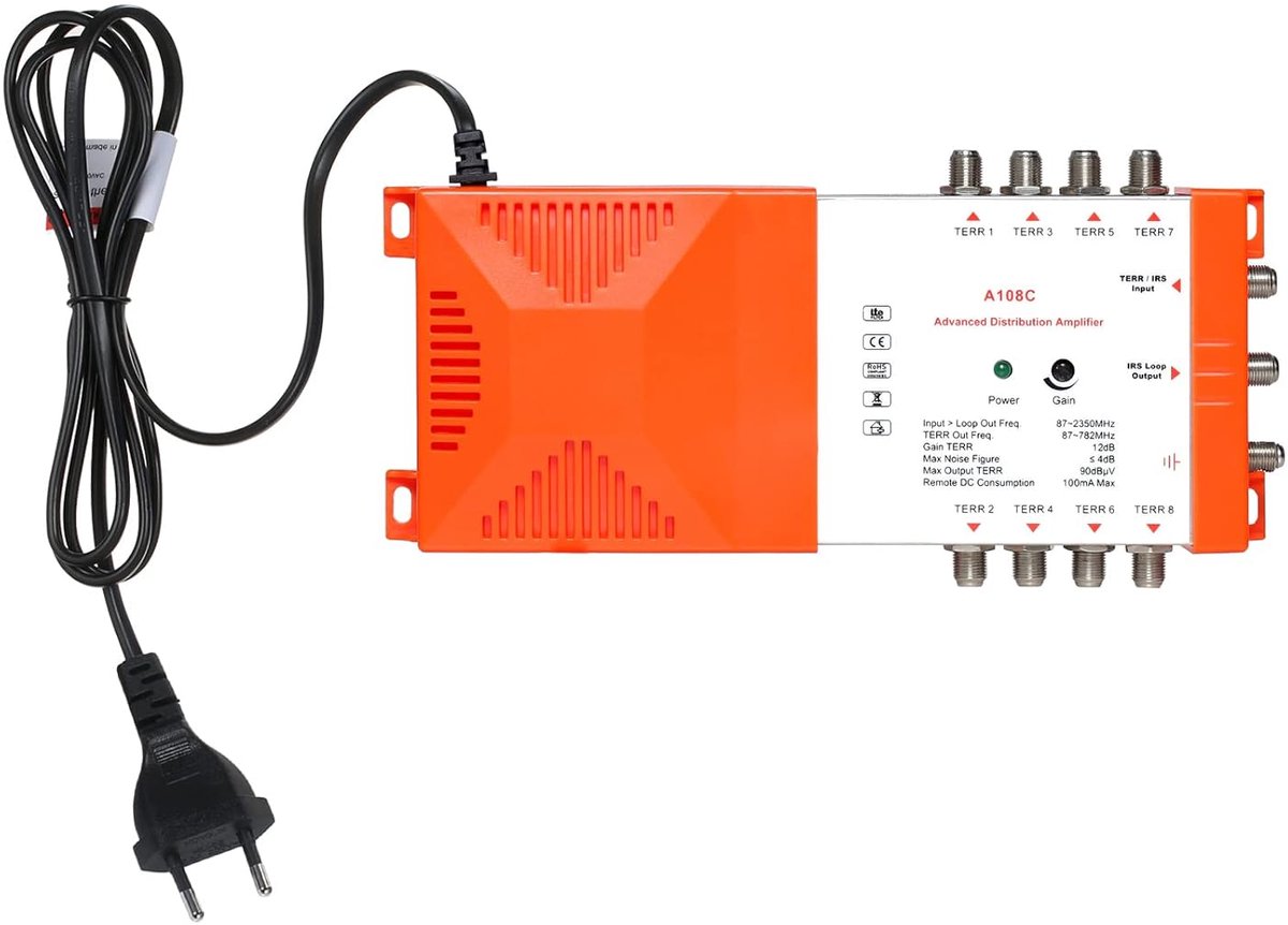 SnelShoppen - Professionele 8-weg distributieversterker met IRS loop, 87-2350MHz TV en radio verdeler voor binnenshuis gebruik