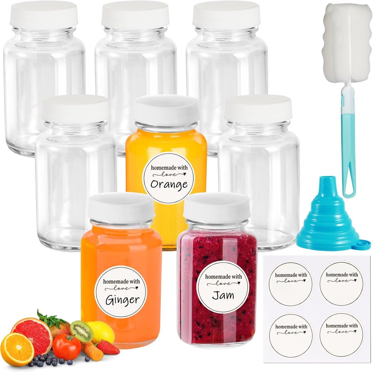 SnelShoppen - 8 Stuks Glazen Shotflessen met Deksel, 100 ml Gember Shot Flesjes, Draagbare Miniflessen met Labels, Trechters en Borstels voor Sap, Lik
