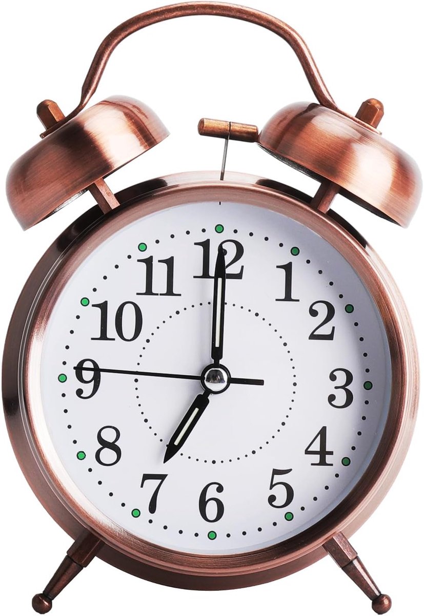 SnelShoppen - Extra Luide Retro Wekker 4 Inch Bruin Metaal met Dubbele Klok, Wekker met Achtergrondverlichting en Nachtlampje, Stil voor Diepe Slapers