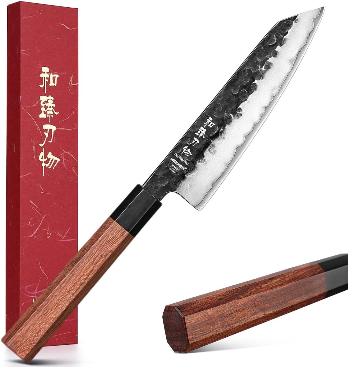 SnelShoppen - Professionele 15 cm Kiritsuke Nóż, Oogstrelend Japans Keukenmes van 10Cr15CoMoV Staal met Handgemaakte Redwood Handgreep, Scherp en Duur