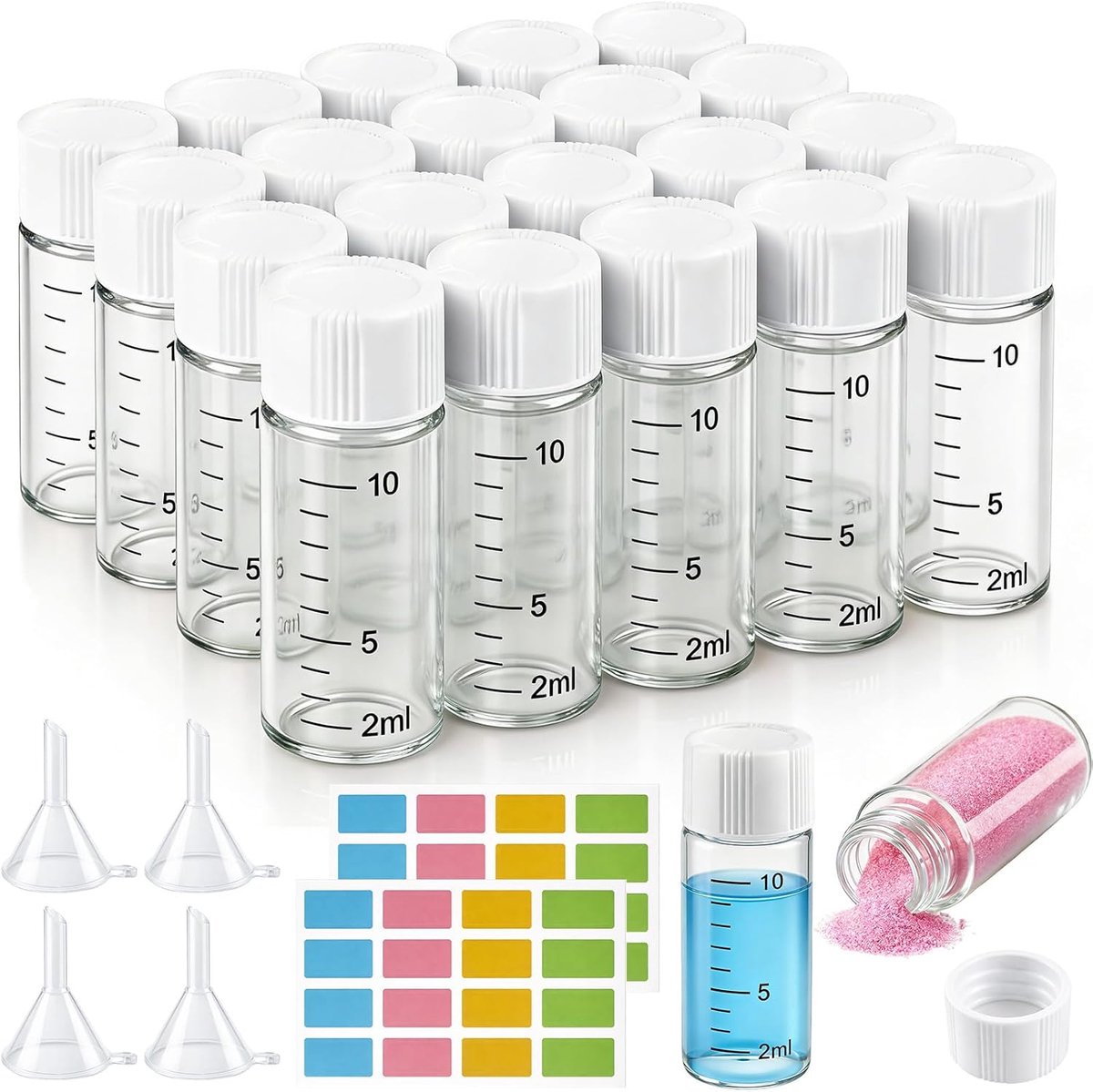 SnelShoppen - 20x 10ml Mini Glazen Flessen met Witte Schroefdop, Duidelijke Laboratorium Vials met Schaal, Ideaal voor Monsters en Vloeistoffen