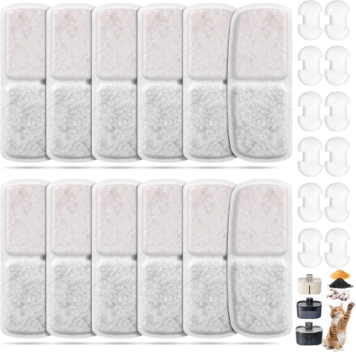SnelShoppen - 12 Packs Vervangfilters Kattenfontein Geschikt voor FN-W07 Kat Drinkfontein 4L, Inclusief 12 Koolstoffilters en 12 Schuimfilters voor Op