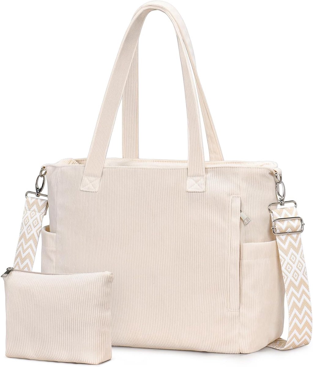 SnelShoppen - Grote Corduroy Tote Bag Shopper Handtas Dames Crossbody Tas met Verstelbare Schouderband, 40.5x32x14.5cm, Perfect voor Winkelen, Reizen,