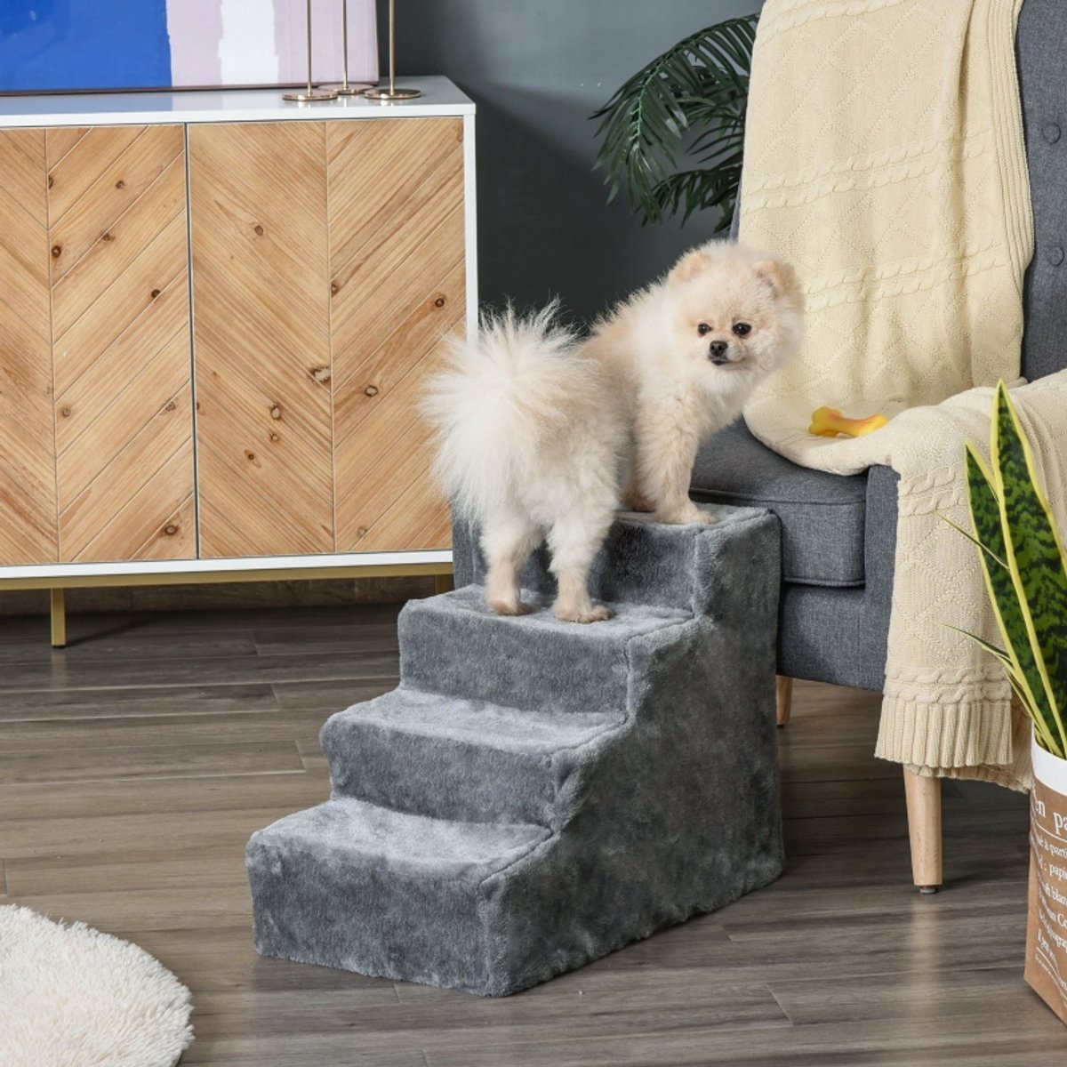 COVREO Huisdiertrap 60 x 35 x 44 cm - lichtgrijs pluche, 4 treden, voor hond en kat tot 5 kg